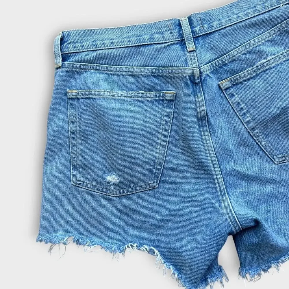 AGOLDE Parker Long Denim Shorts Women’s 29 Blue Distressed Raw Hem 100% Cotton